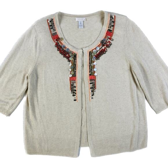 Chico's Linen Blend Beaded Embellished Lightweight Cardigan Women L/12 Beige - Picture 4 of 8